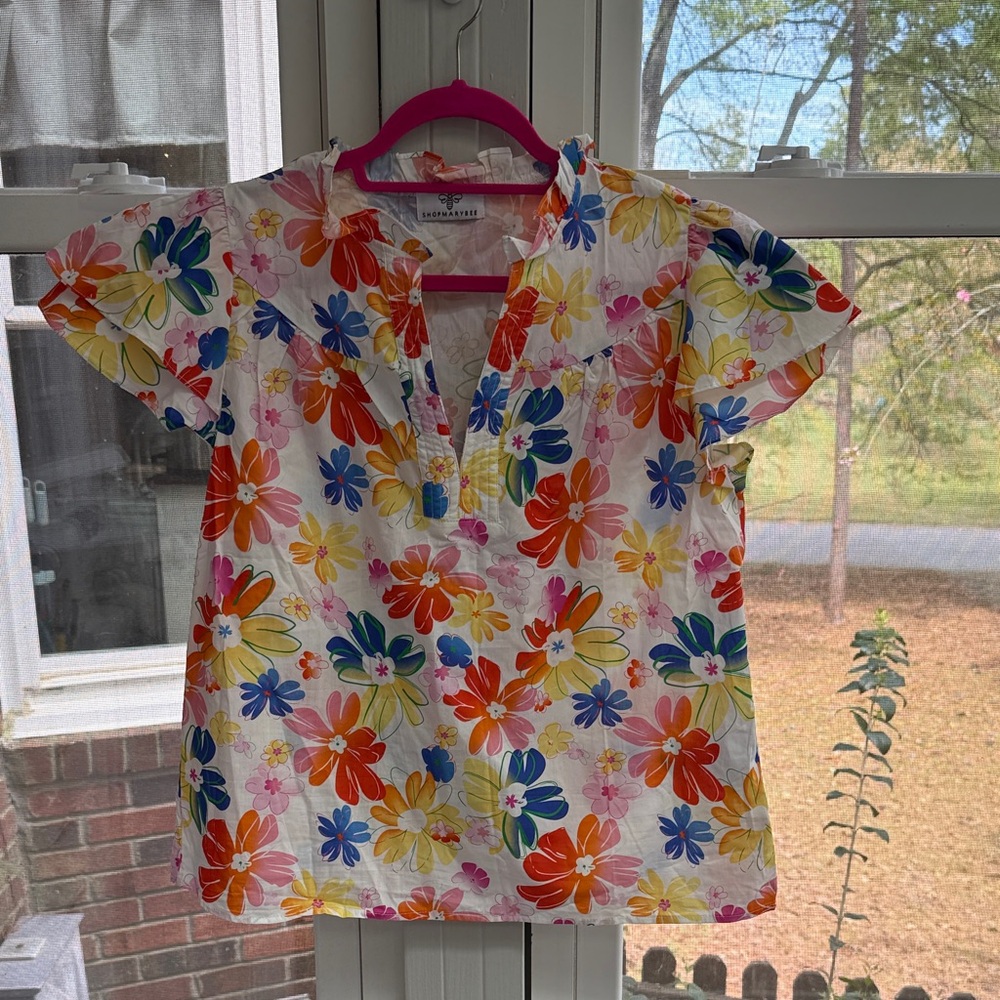 Bright Floral Short-Sleeve 100% Cotton Popover Top - Multicolor Sz L